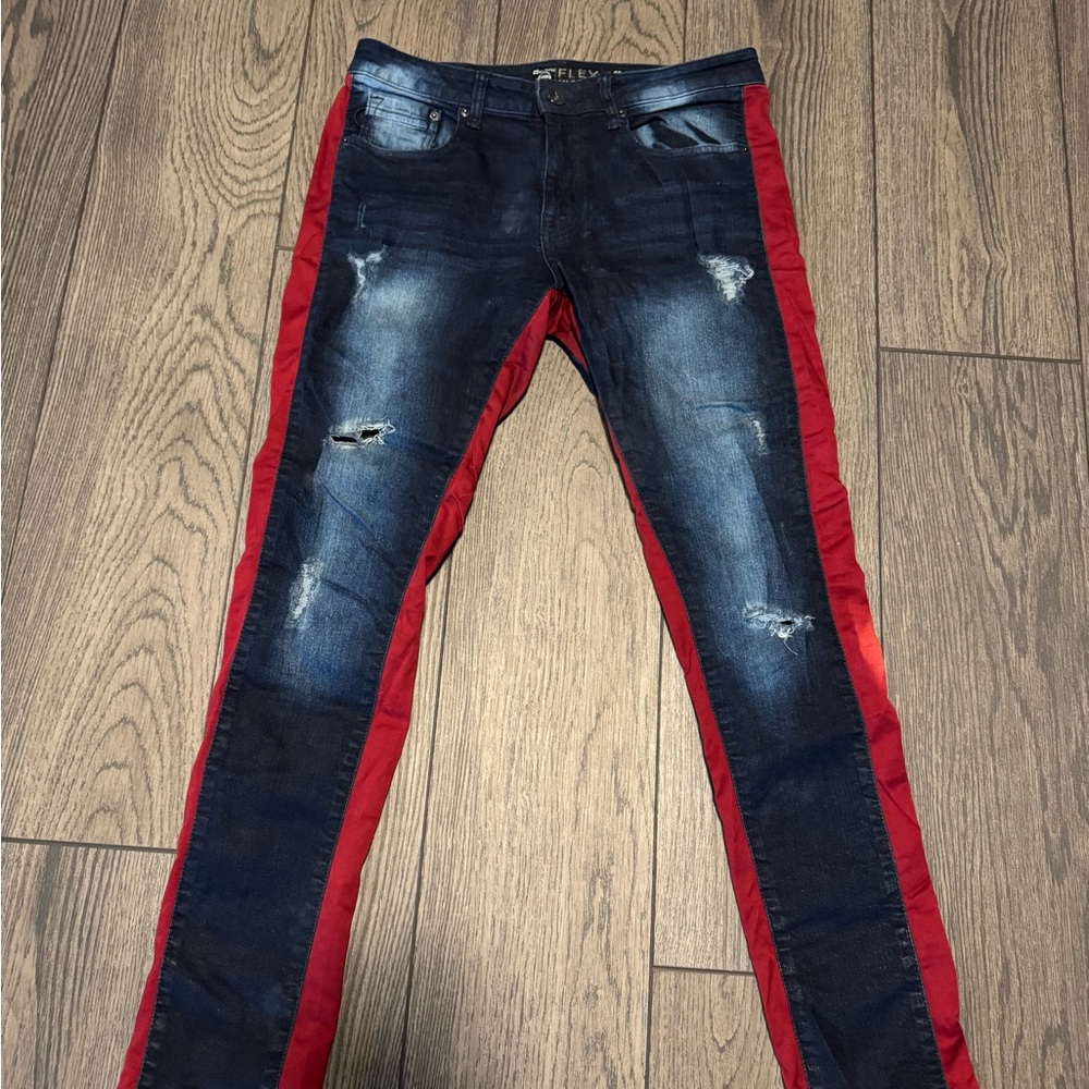 Men's Distressed Blue Jeans with Red Stripes